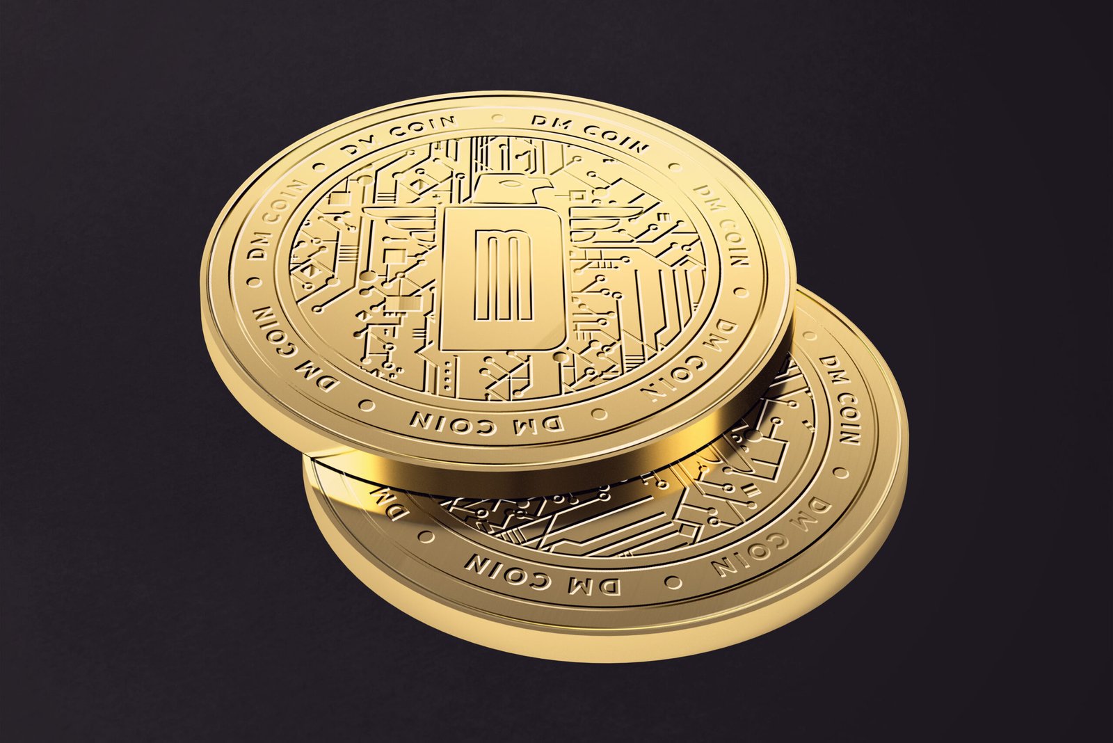 3D render of a gold DM Coin with a circuit board pattern and bold ‘D’ logo, designed for Digital Money’s cryptocurrency branding