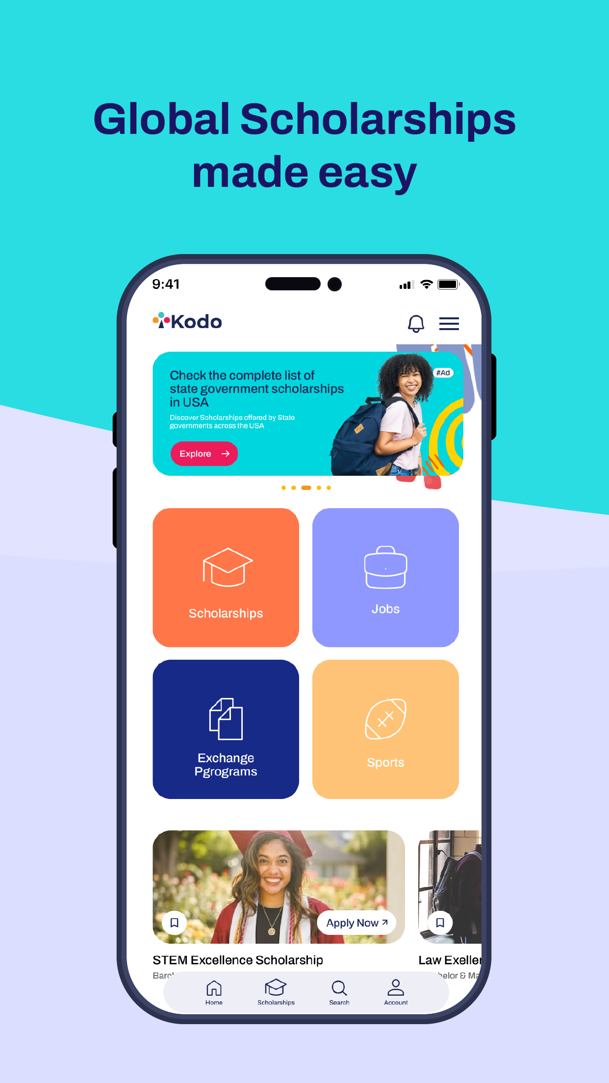 Mobile UI design for Kodo Scholarships app displaying scholarship categories and global opportunities.