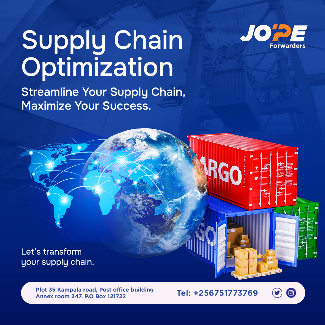 Supply chain optimization poster for Jope Forwarders, designed by Unbound Creatives, featuring global logistics and cargo containers.